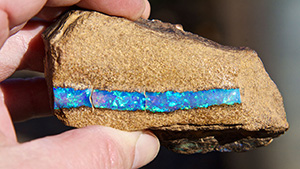 Hand holding tube-shaped boulder opal Hand holding tube-shaped boulder opal