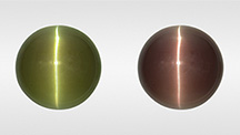 Alexandrite cabochon in fluorescent (left) and incandescent light (right). Alexandrite cabochon in fluorescent (left) and incandescent light (right).