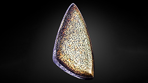 Figure 2. The cut and polished piece of pyritized triceratops fossil on the left weighs 50.5 ct and measures 41.28 × 22.23 mm. The piece on the right weighs 22.5 ct and measures 31.75 × 15.88 mm. Photos by SD Gem & Fossil.