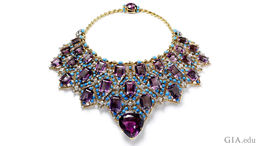 The Duchess of Windsor’s amethyst necklace boasts the February birthstone with 28 step-cut amethysts, a large heart-shaped amethyst, turquoise cabochons, and diamonds supported by a gold chain. The Duchess of Windsor’s amethyst necklace boasts the February birthstone with 28 step-cut amethysts, a large heart-shaped amethyst, turquoise cabochons, and diamonds supported by a gold chain.