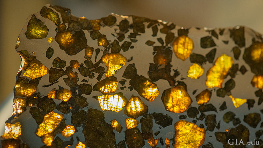 A close-up view of the August birthstone shows transparent peridots scattered throughout a pallasite meteorite. A close-up view of the August birthstone shows transparent peridots scattered throughout a pallasite meteorite.