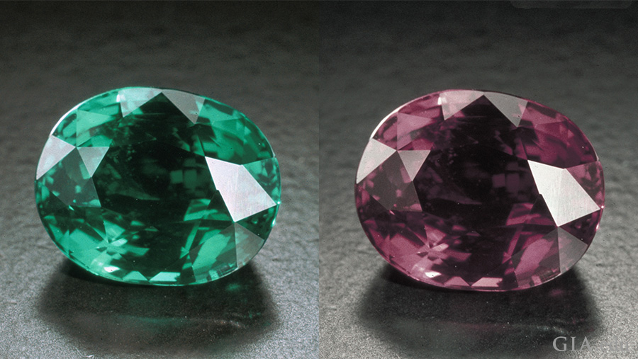 The June birthstone, a 7.19 carat alexandrite from the Tunduru region of Tanzania appears green in flourescent light and purple in incandescent illumination. The June birthstone, a 7.19 carat alexandrite from the Tunduru region of Tanzania appears green in flourescent light and purple in incandescent illumination.