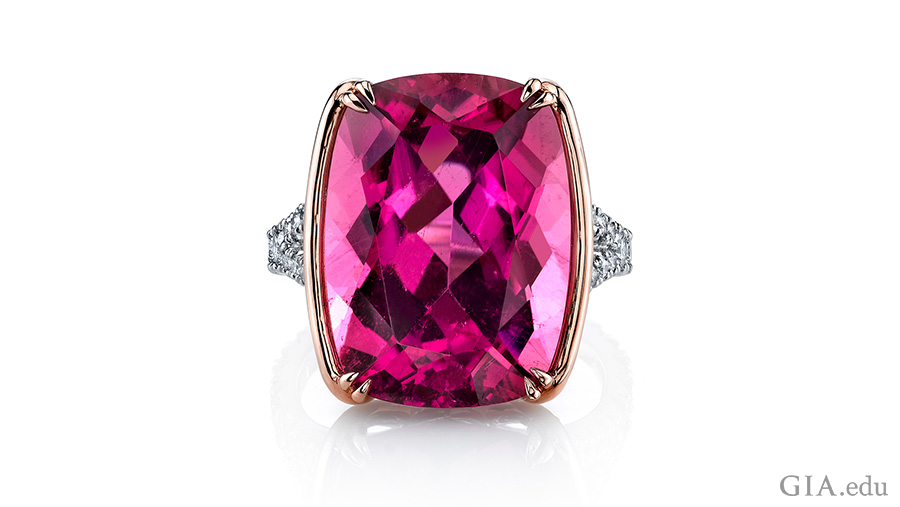 A 15.16 carat pink tourmaline and diamond ring set in platinum and white gold boasts the October birthstone. A 15.16 carat pink tourmaline and diamond ring set in platinum and white gold boasts the October birthstone.