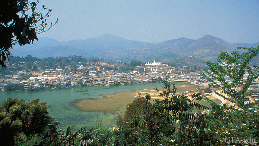 A panoramic view of Mogok evokes the mythical city of Shangri La where the August birthstone, peridot is found. A panoramic view of Mogok evokes the mythical city of Shangri La where the August birthstone, peridot is found.