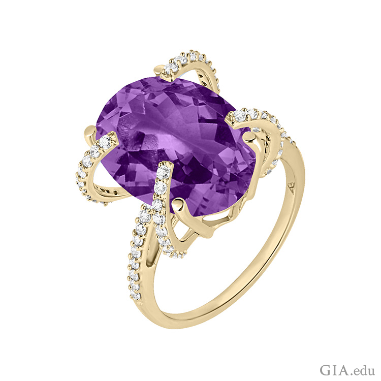 This ring features the February birthstone, an oval cut amethyst set in recycled 18k gold with diamonds. This ring features the February birthstone, an oval cut amethyst set in recycled 18k gold with diamonds.
