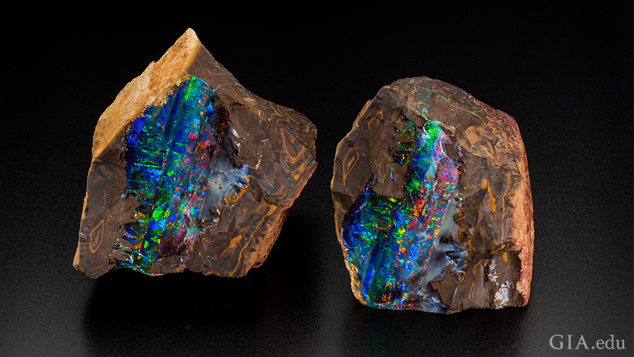 Two pieces of boulder opal from Queensland reveal the bright rainbow colors of the October birthstone. Two pieces of boulder opal from Queensland reveal the bright rainbow colors of the October birthstone.