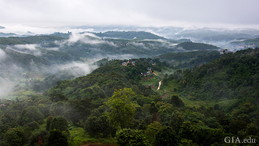 A scenic view of the lush green hills near Mogok rivals the beauty of the sapphires, September’s birthstone, that are hidden underground. A scenic view of the lush green hills near Mogok rivals the beauty of the sapphires, September’s birthstone, that are hidden underground.