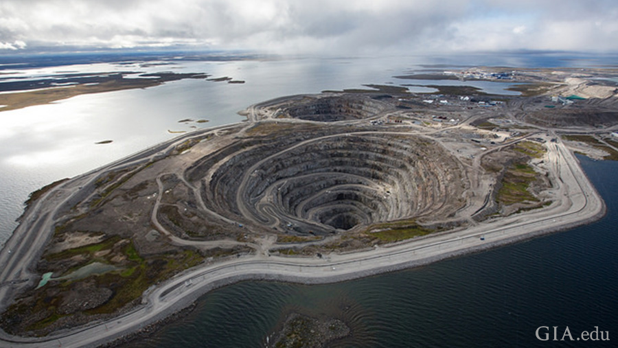The April birthstone, diamond can be found in Canada’s Diavik diamond mine, a sub-arctic landscape of open-pit mines surrounded by a lake. The April birthstone, diamond can be found in Canada’s Diavik diamond mine, a sub-arctic landscape of open-pit mines surrounded by a lake.