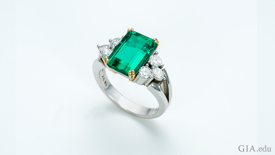 3.69 carat emerald ring flanked by six diamonds shows off the May birthstone. 3.69 carat emerald ring flanked by six diamonds shows off the May birthstone.