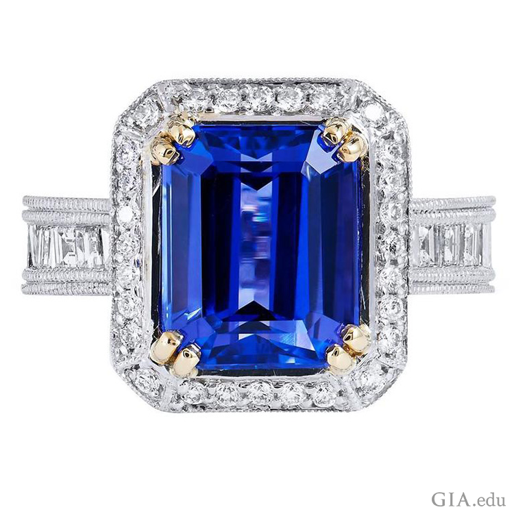 A beautiful deep blue 4.91 carat tanzanite ring with diamonds shows off the December birthstone. A beautiful deep blue 4.91 carat tanzanite ring with diamonds shows off the December birthstone.